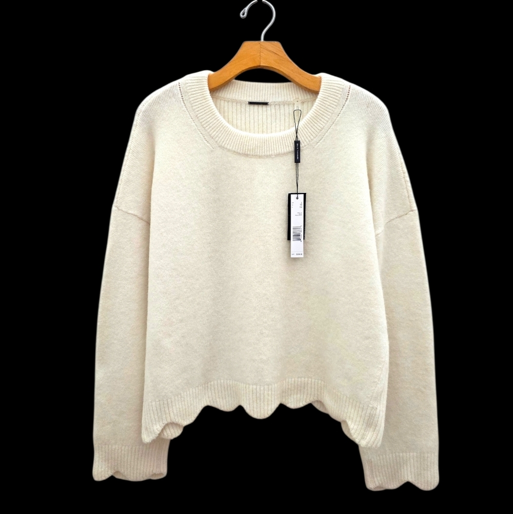 Elie Tahari Scalloped Chunky Knit Alpaca Wool Luxury Pullover Sweater Sz L